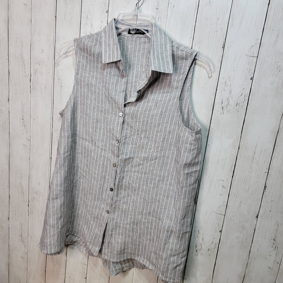 New! Estelle & Finn Women's Gray White Striped Linen Shirt Size XL Lagenlook. - Picture 2 of 7